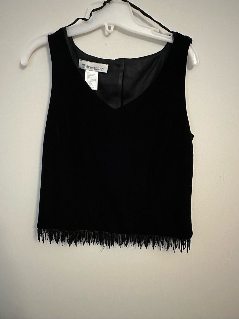 dressbarn Black V-Neck Sleeveless Camisole with Fringe Hem